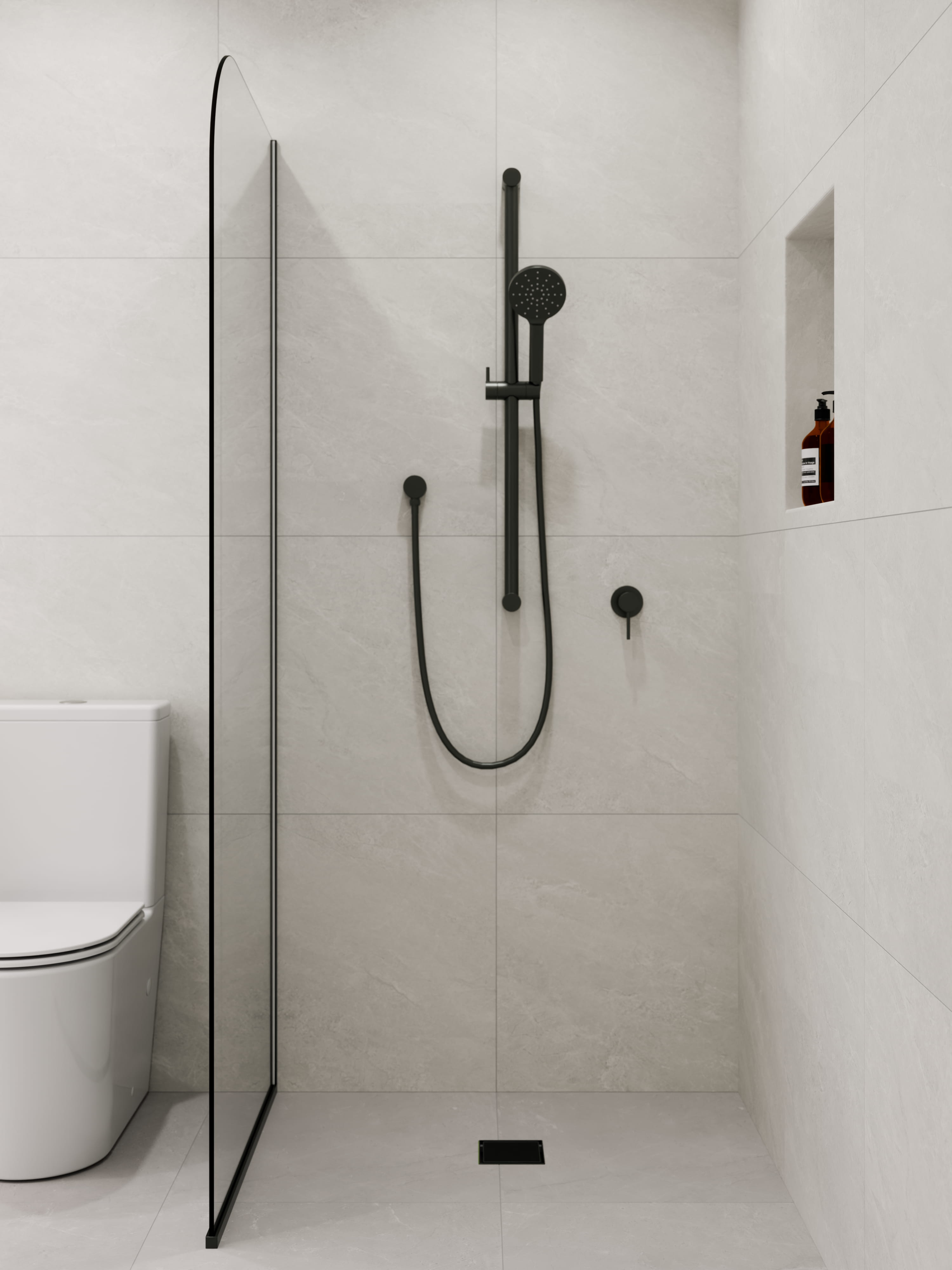 Modern bathroom with a shower area featuring black fixtures and white tiles.