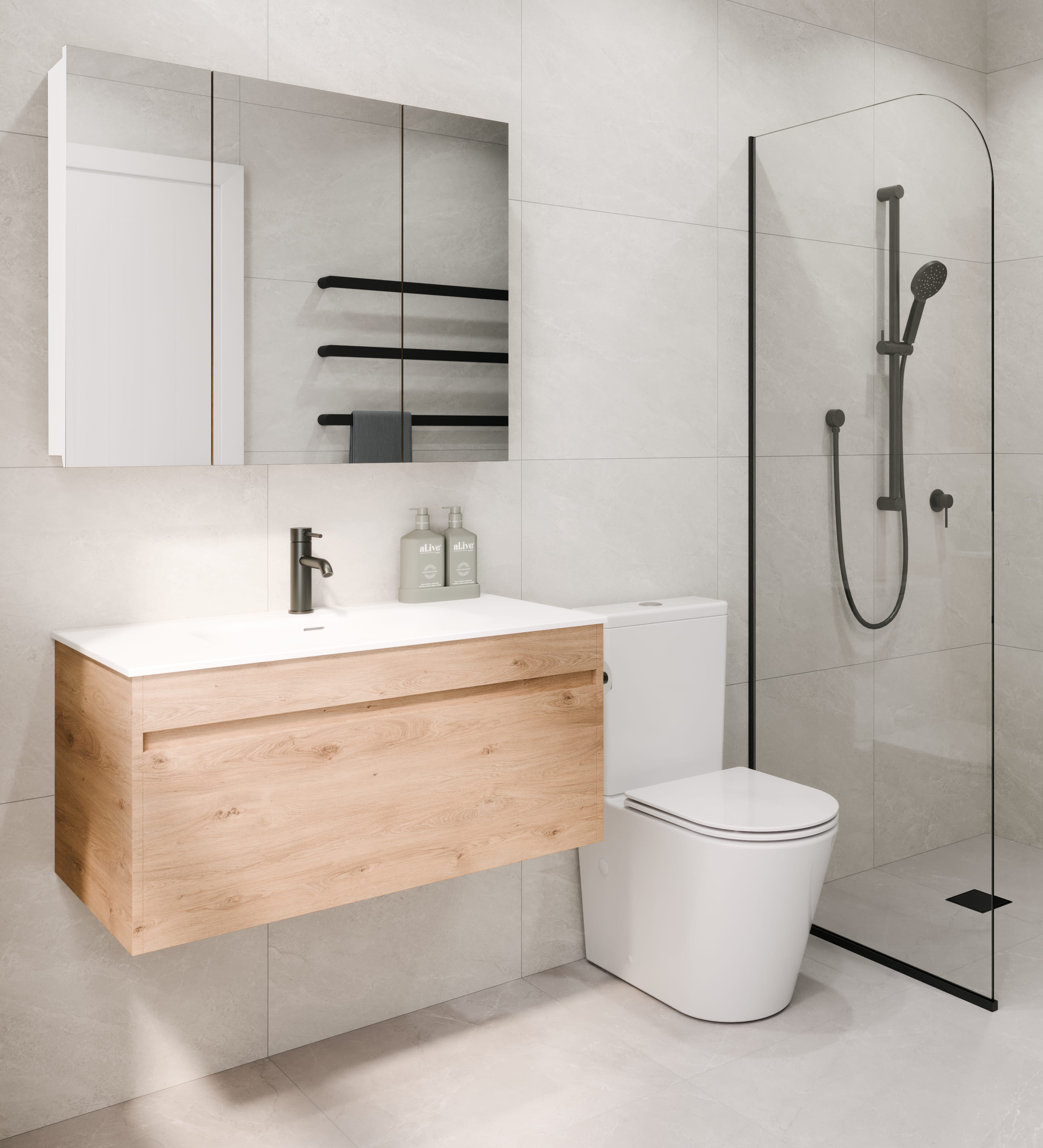 Modern bathroom with wooden vanity, toilet, and shower enclosure.