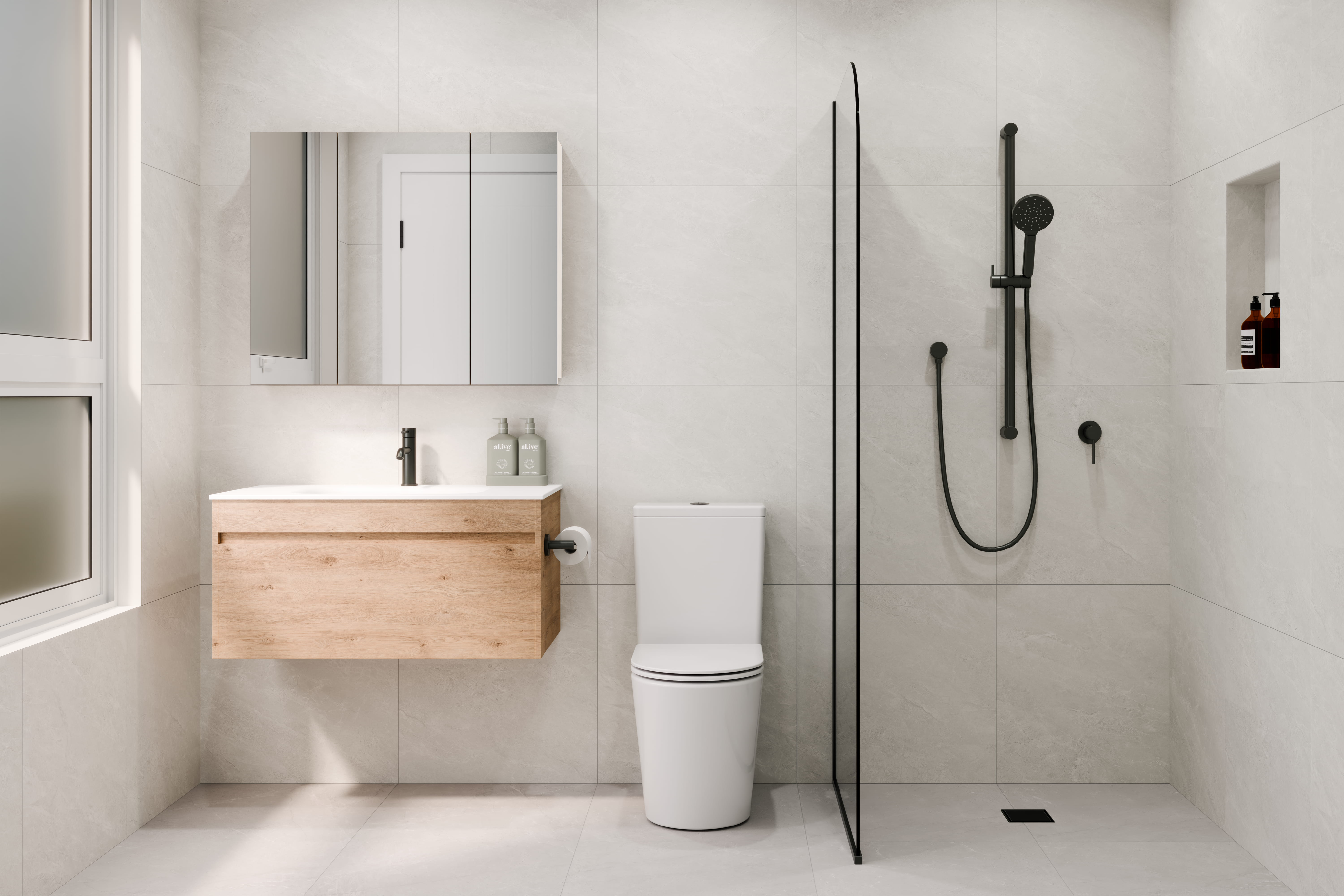 Modern bathroom with wooden vanity, toilet, and shower area.