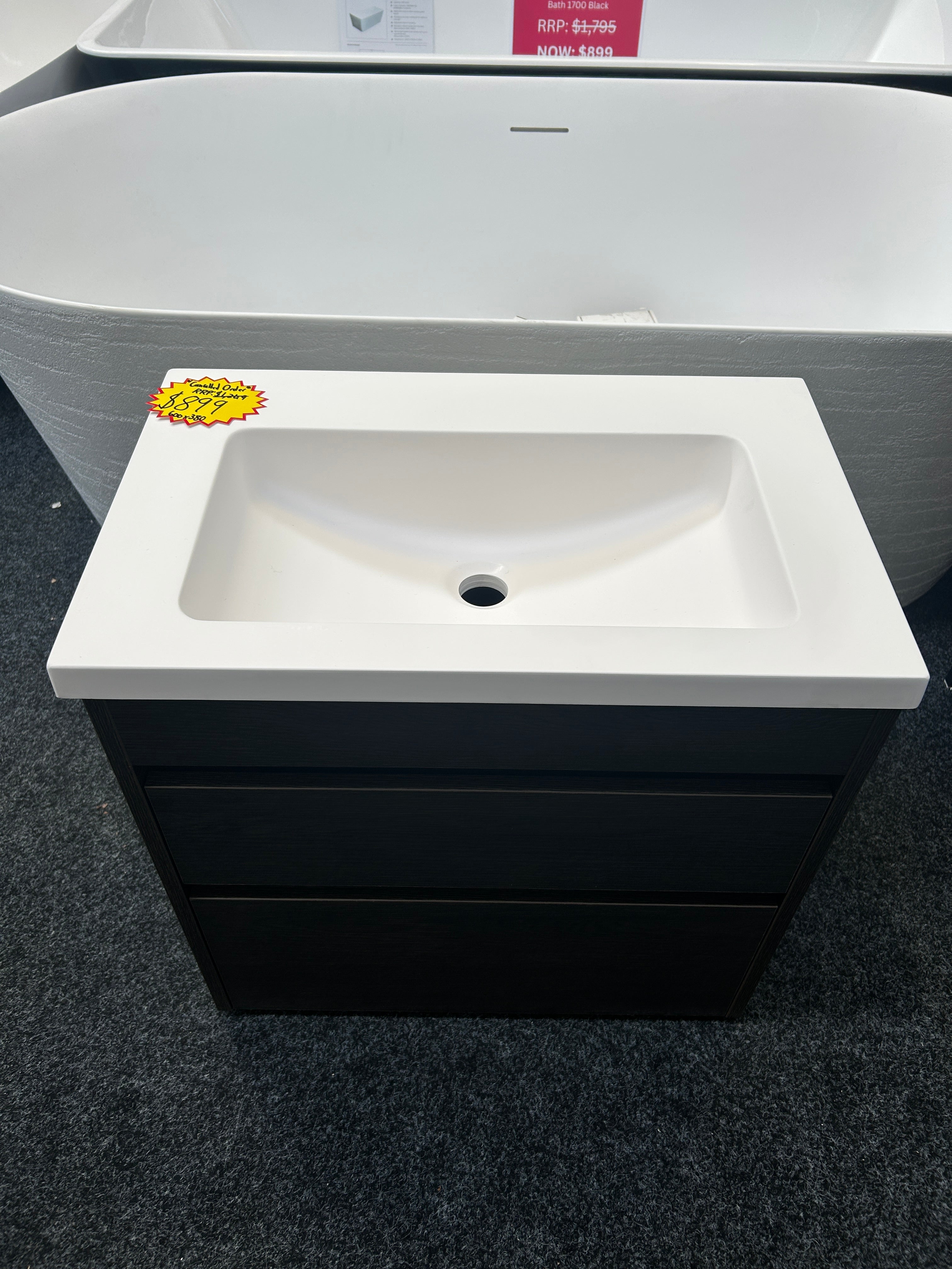 *Cancelled Order* NEW LUXE 600x380 Slim Wall Hung Vanity – Single Bowl, One Drawer