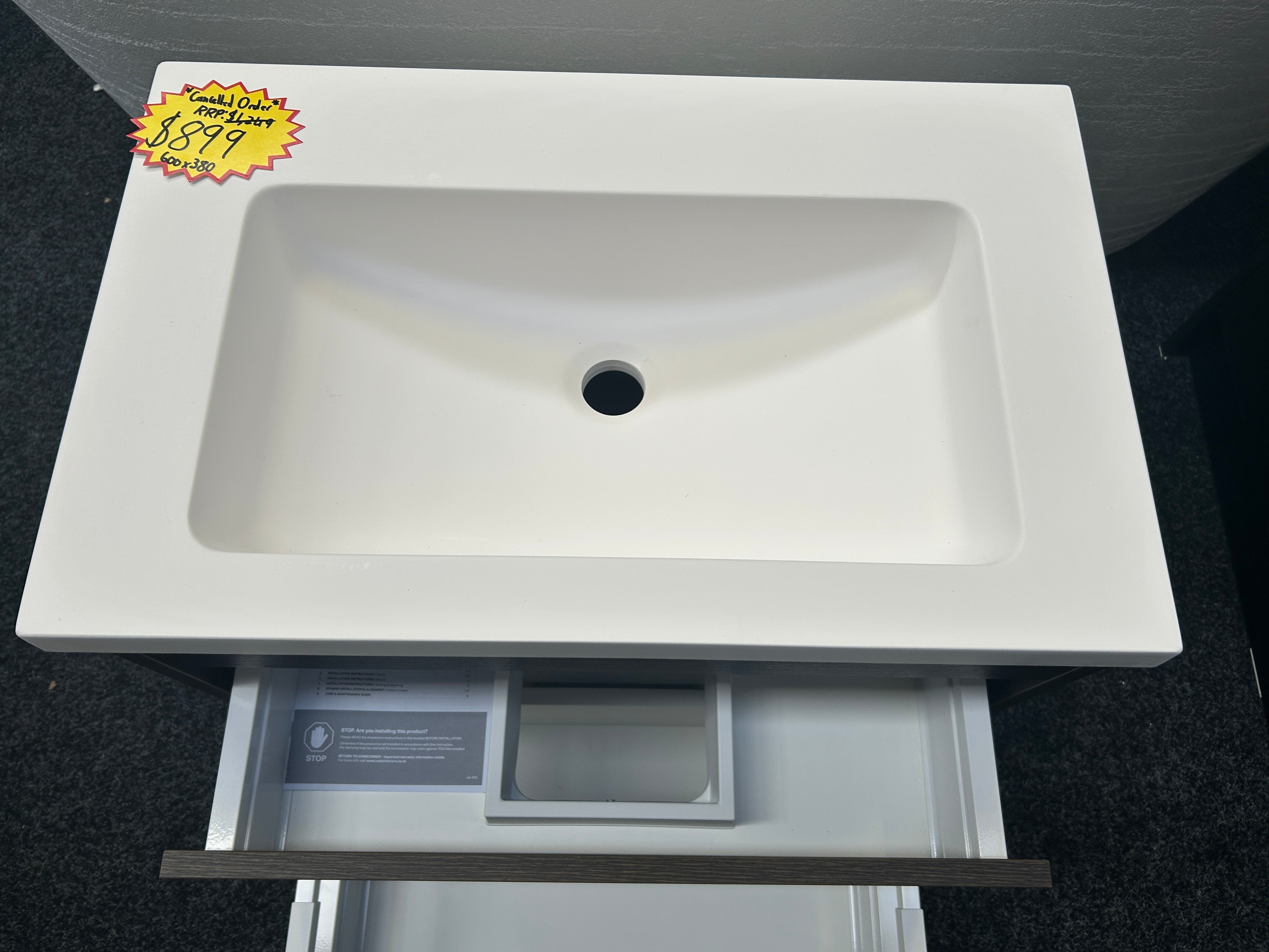 *Cancelled Order* NEW LUXE 600x380 Slim Wall Hung Vanity – Single Bowl, One Drawer