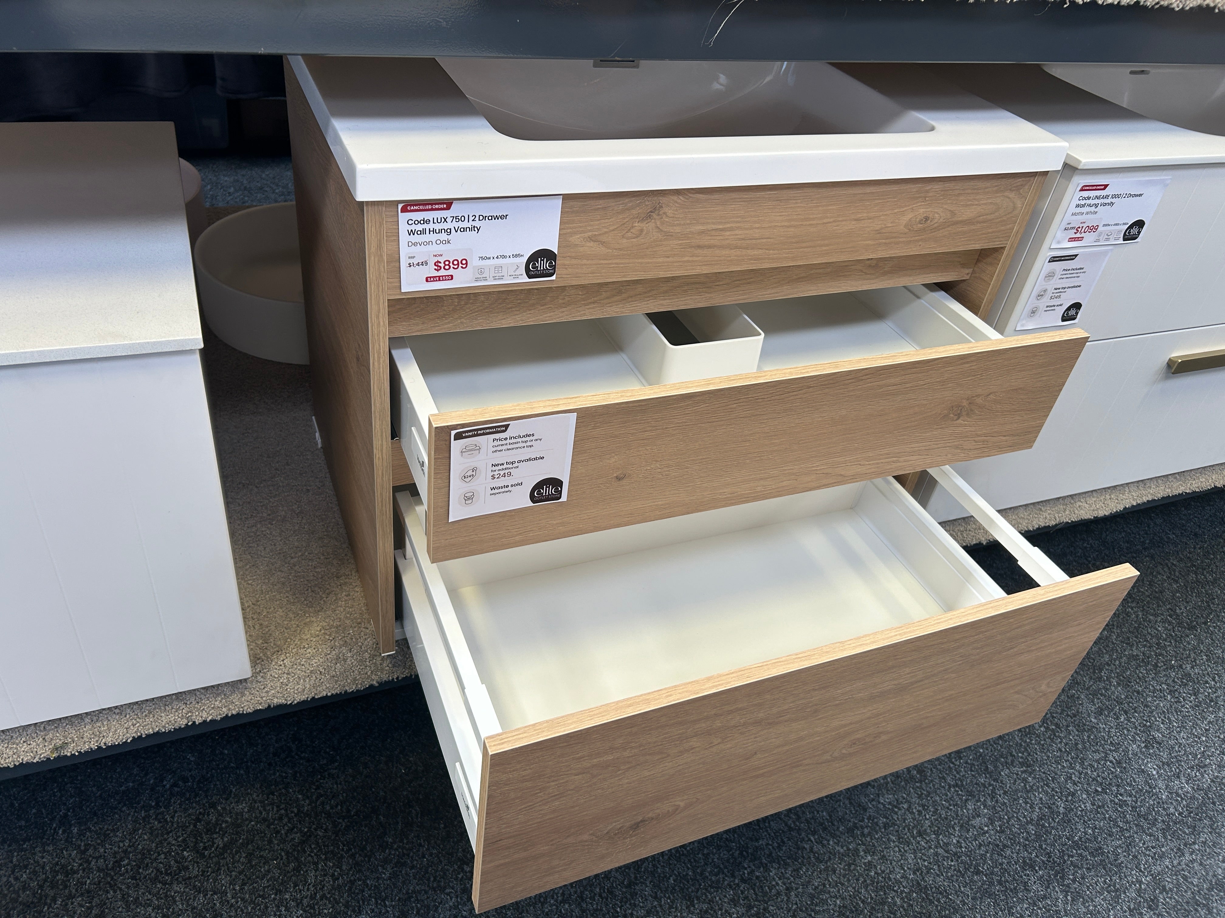 *Cancelled Order* NEW LUX 750x470 Wall Hung Vanity – Single Bowl, 2 Drawer