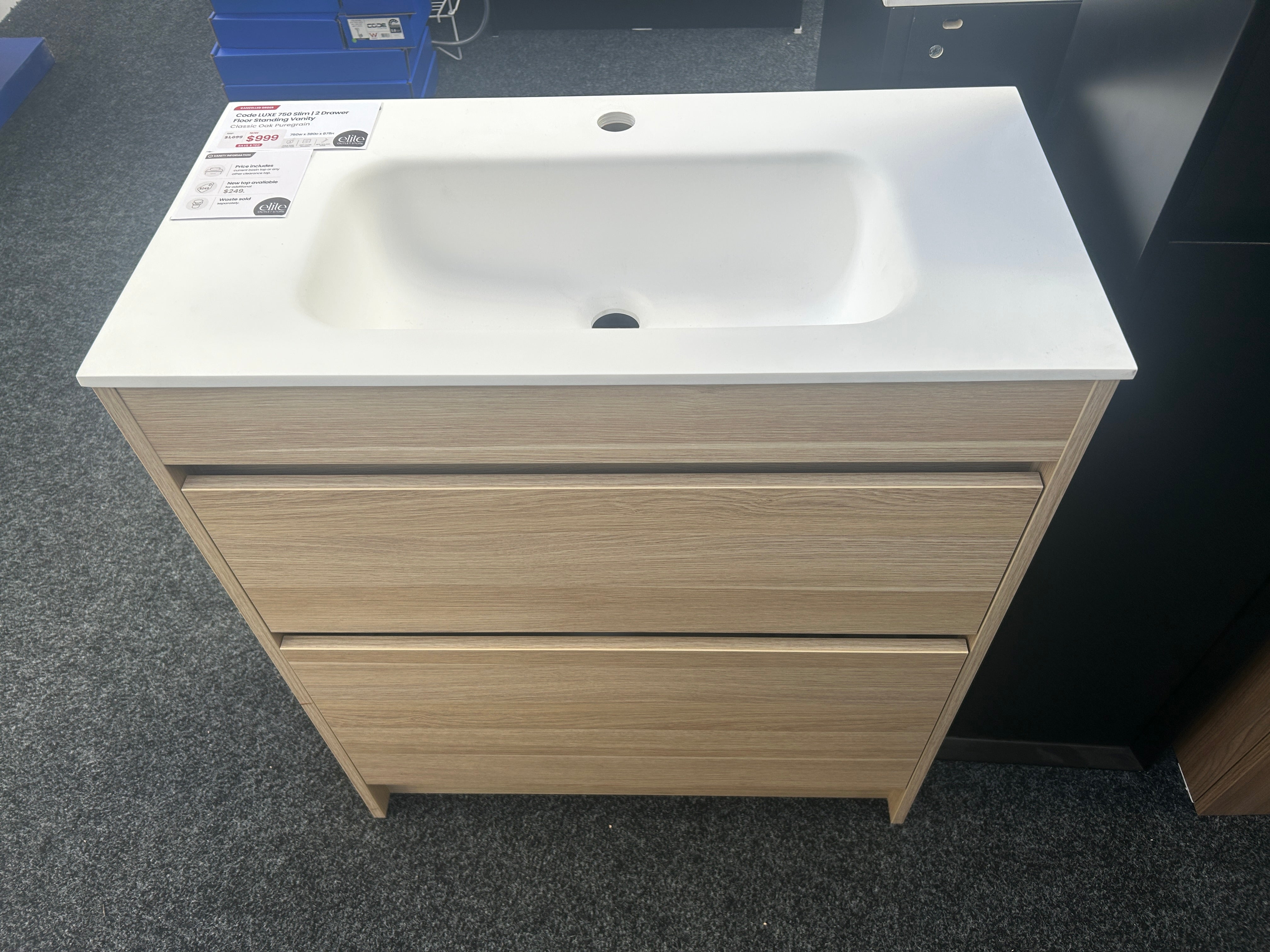 *Cancelled Order* 750 LUXE Slim Floor Standing Vanity – Single Bowl, 2 Drawer