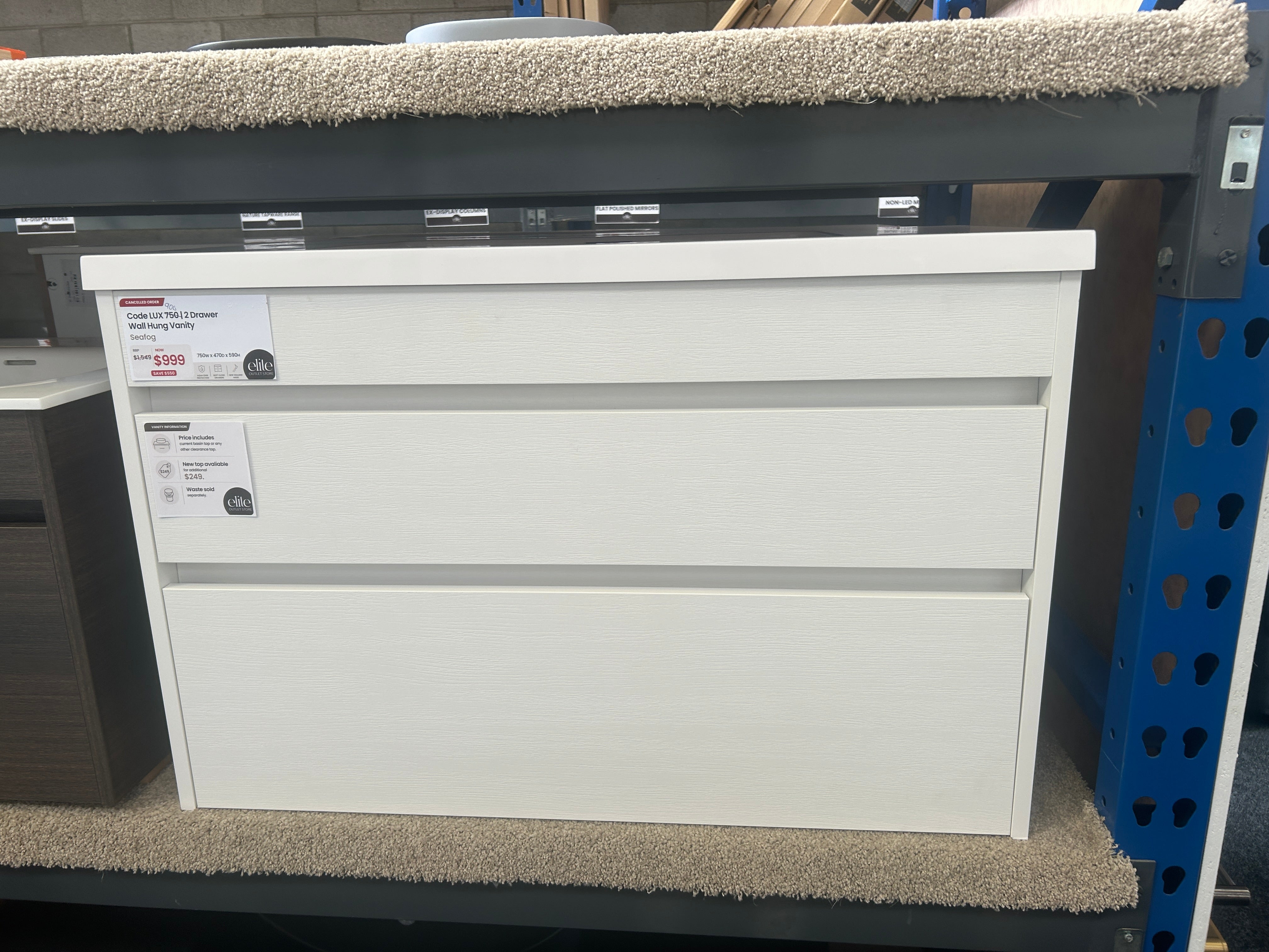 *Cancelled Order* Code LUX 900 Wall Hung Vanity – Single Bowl, 2 Drawer