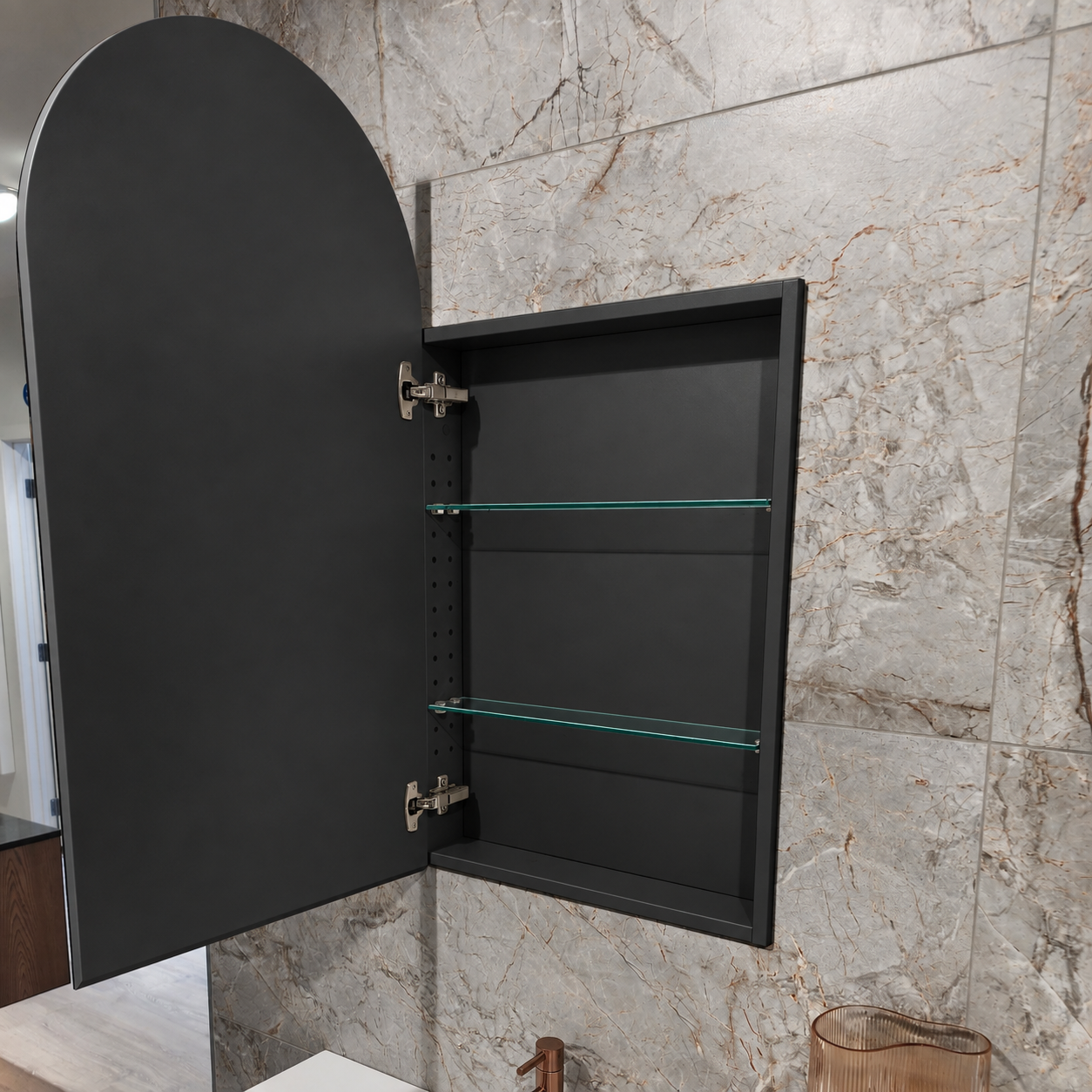 neo arch code mirror cabinet swing door hinge open black recessed inset