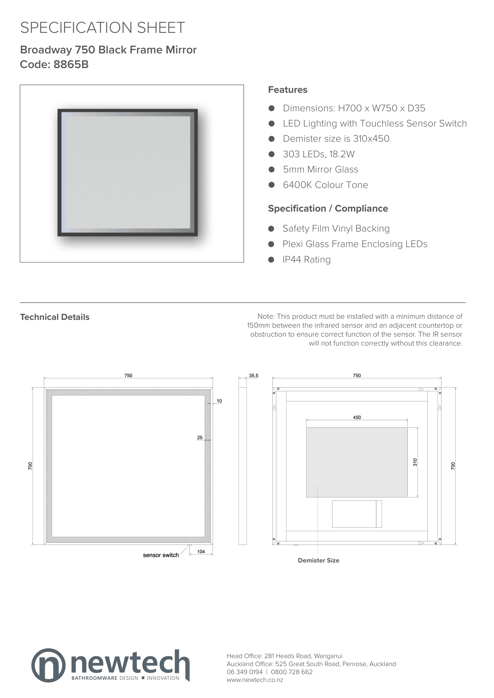 750MM BROADWAY BLACK RECTANGULAR MIRRIR WITH LED & DEMISTER