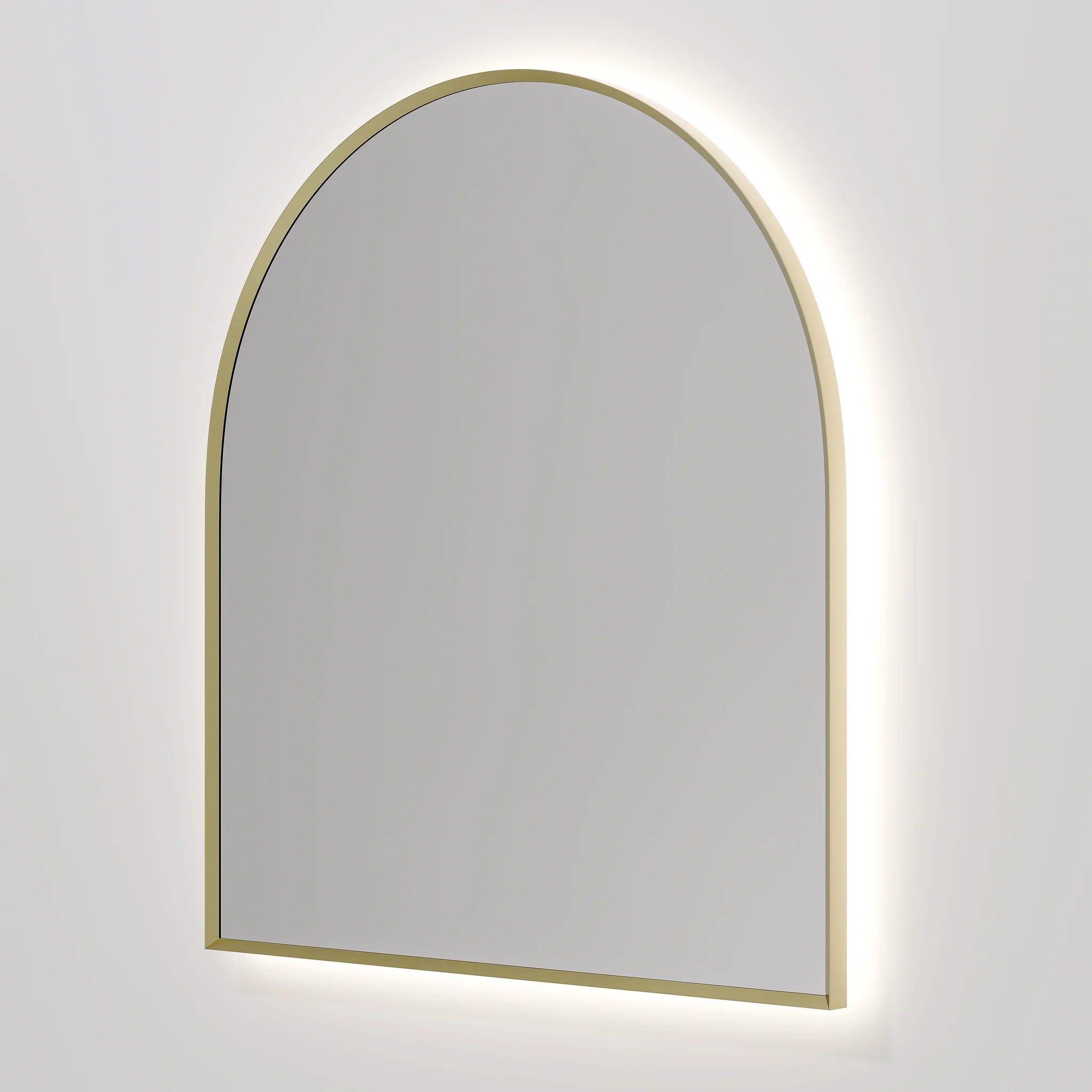 SOLACE LED MIRROR - ARCH 850MMX950MM BRUSHED BRASS FRAMED