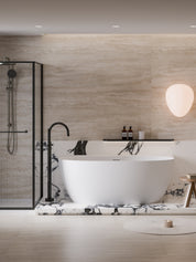 Modern bathroom with back-to-wall bathtub cervo