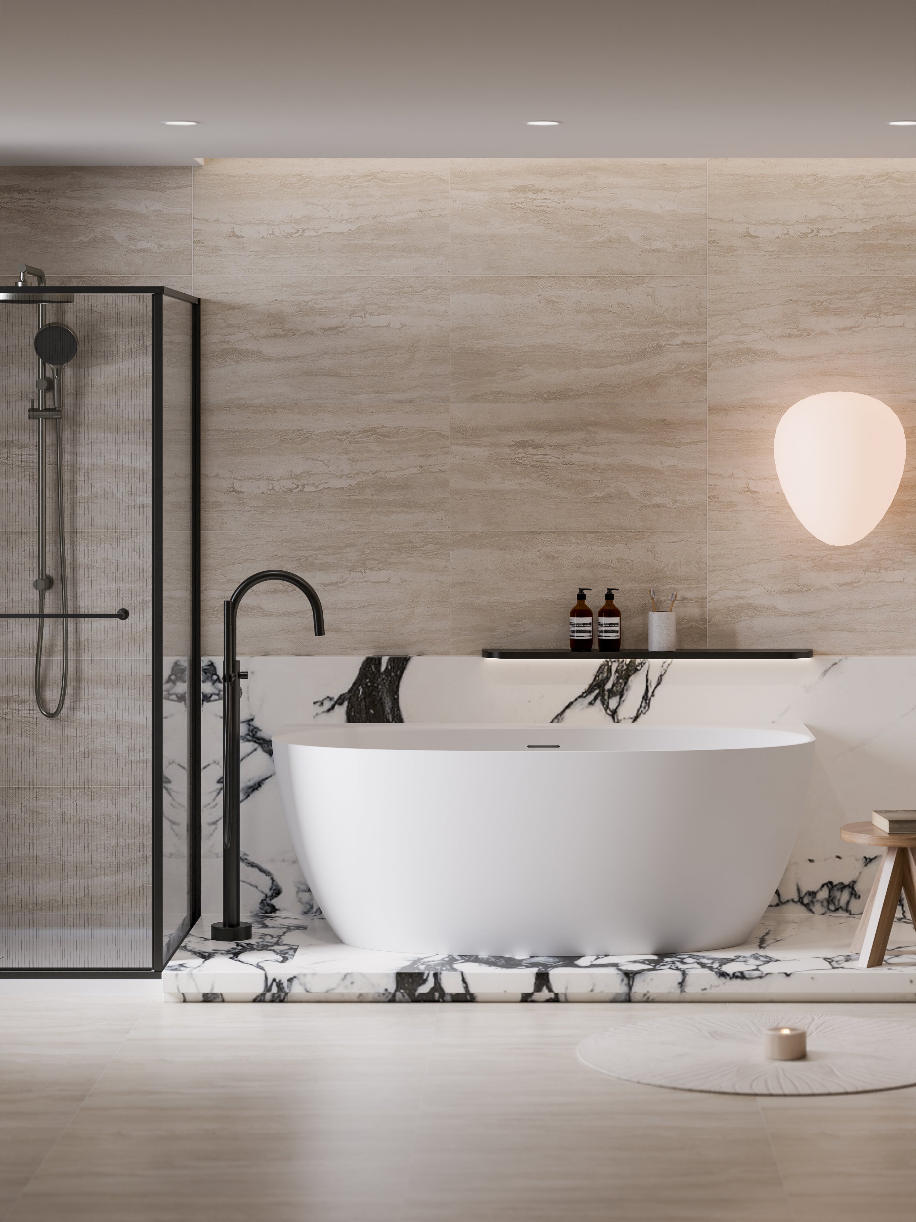 Modern bathroom with back-to-wall bathtub cervo
