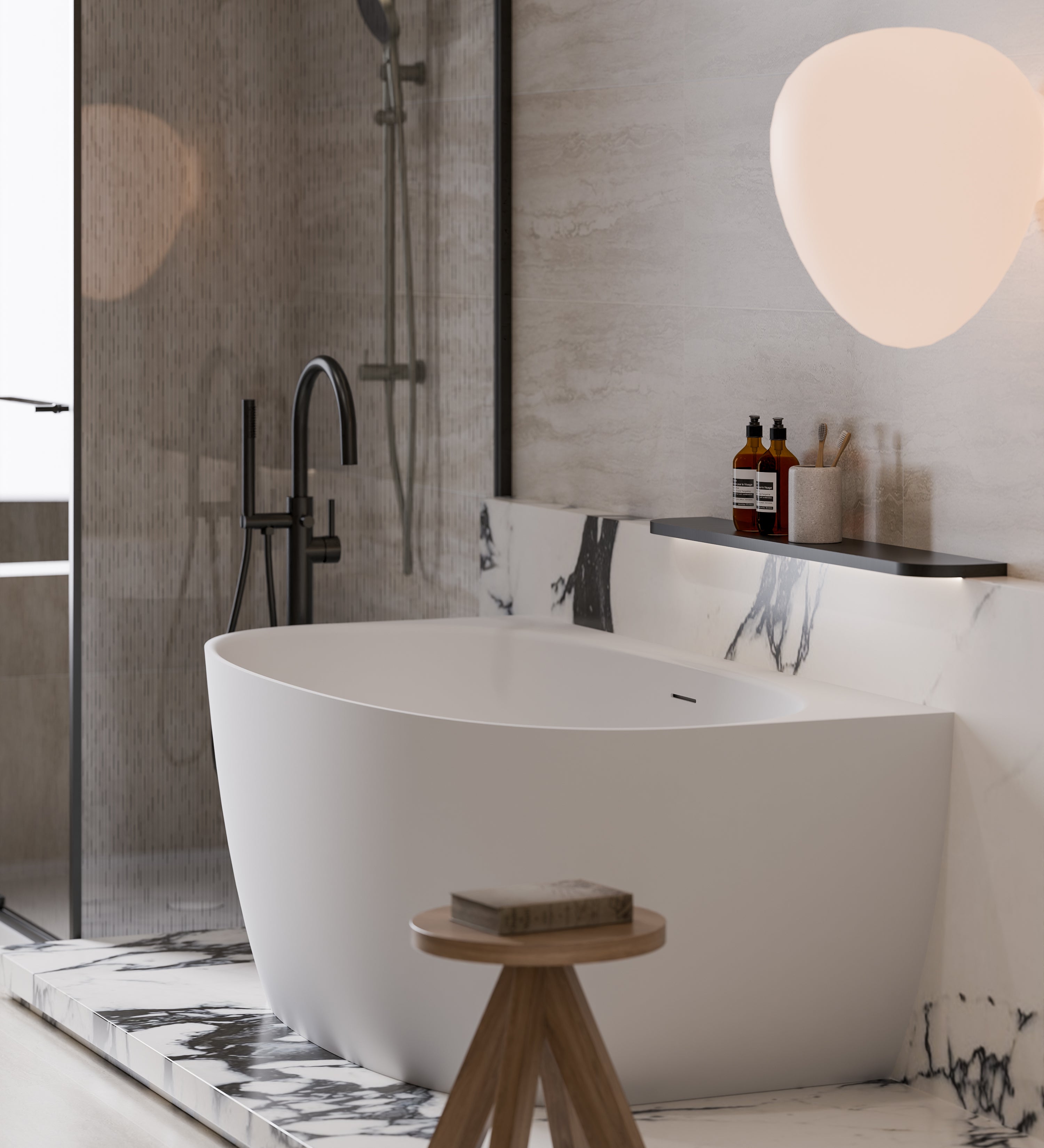 Modern bathroom with back-to-wall bathtub cervo