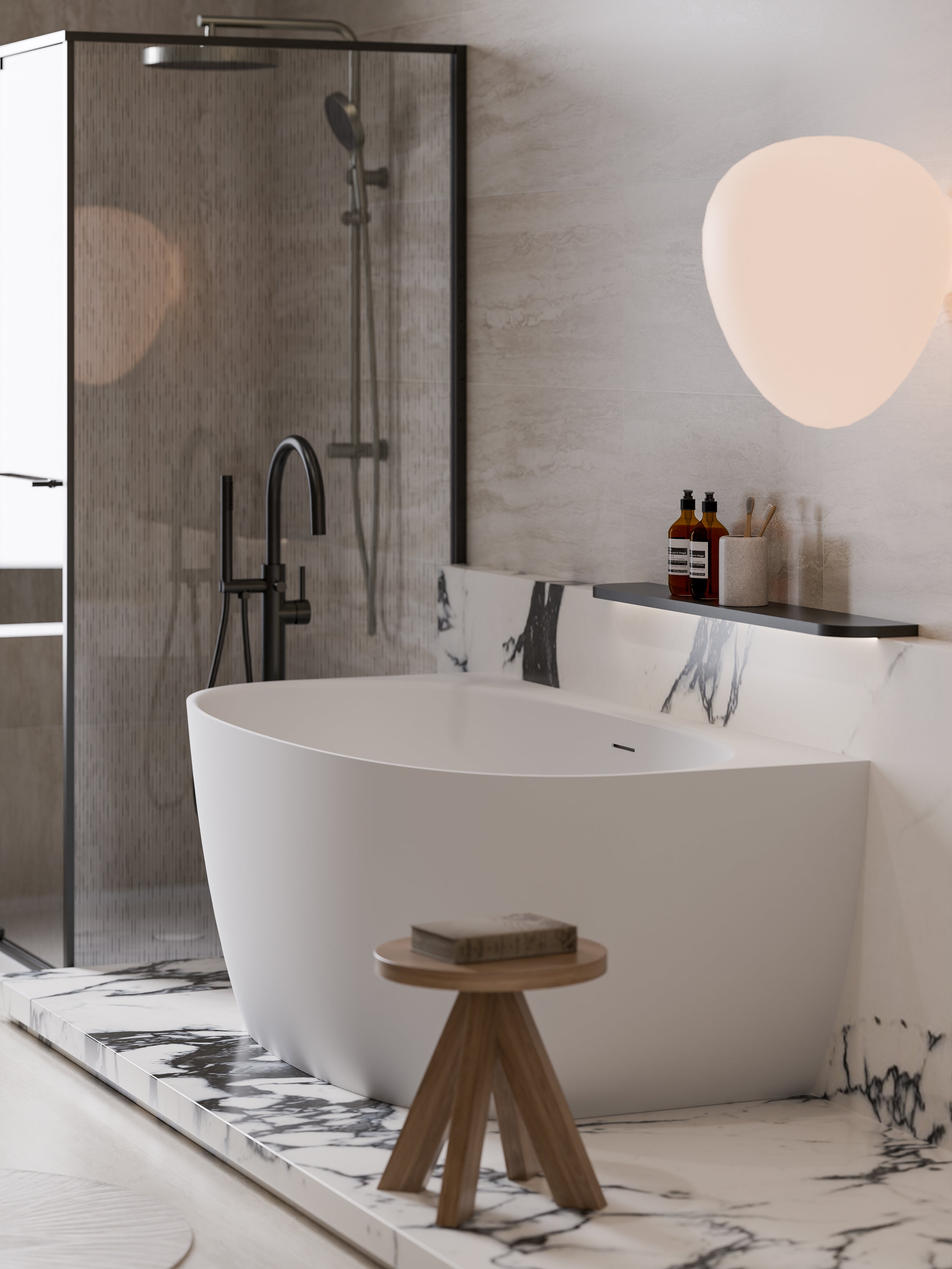 Modern bathroom with back-to-wall bathtub cervo