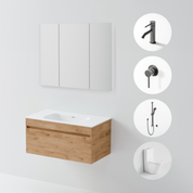 Bathroom setup with wooden vanity, white countertop, and various bathroom fixtures on a light gray background.