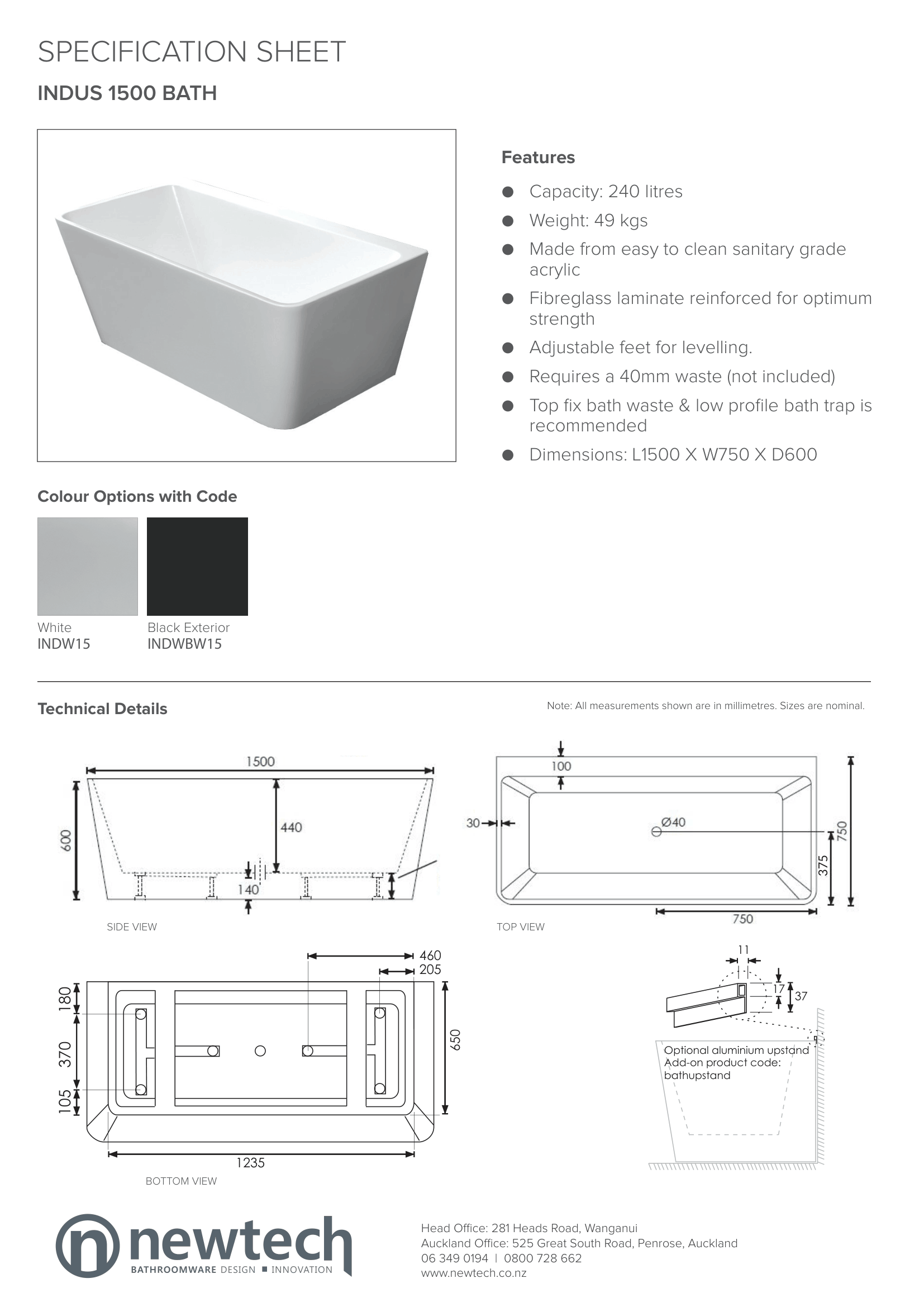 Newtech Indus Back-to-Wall Bath 1700 White/Black