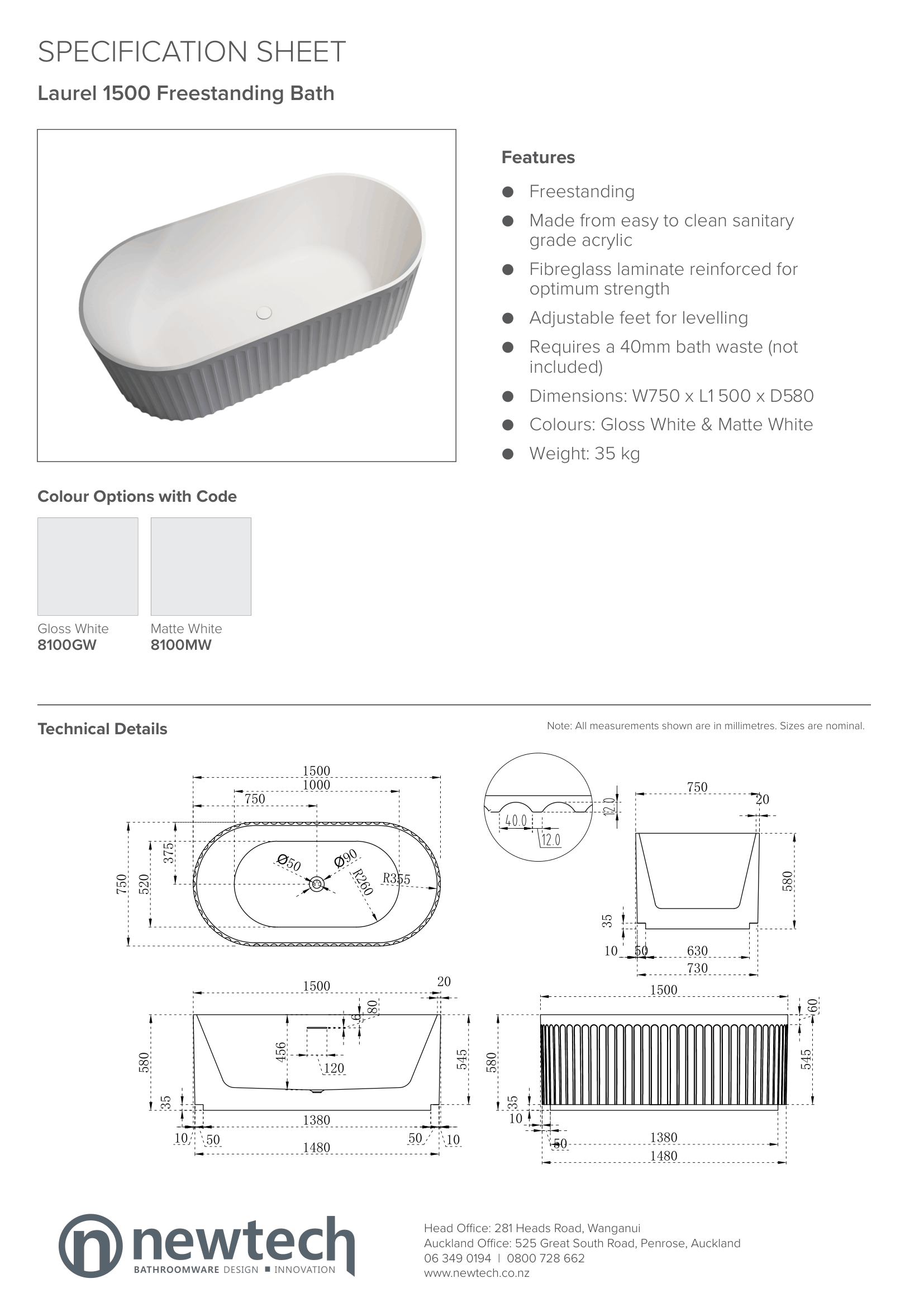 LAUREL 1500 FREESTANDING BATH - MATTE WHITE