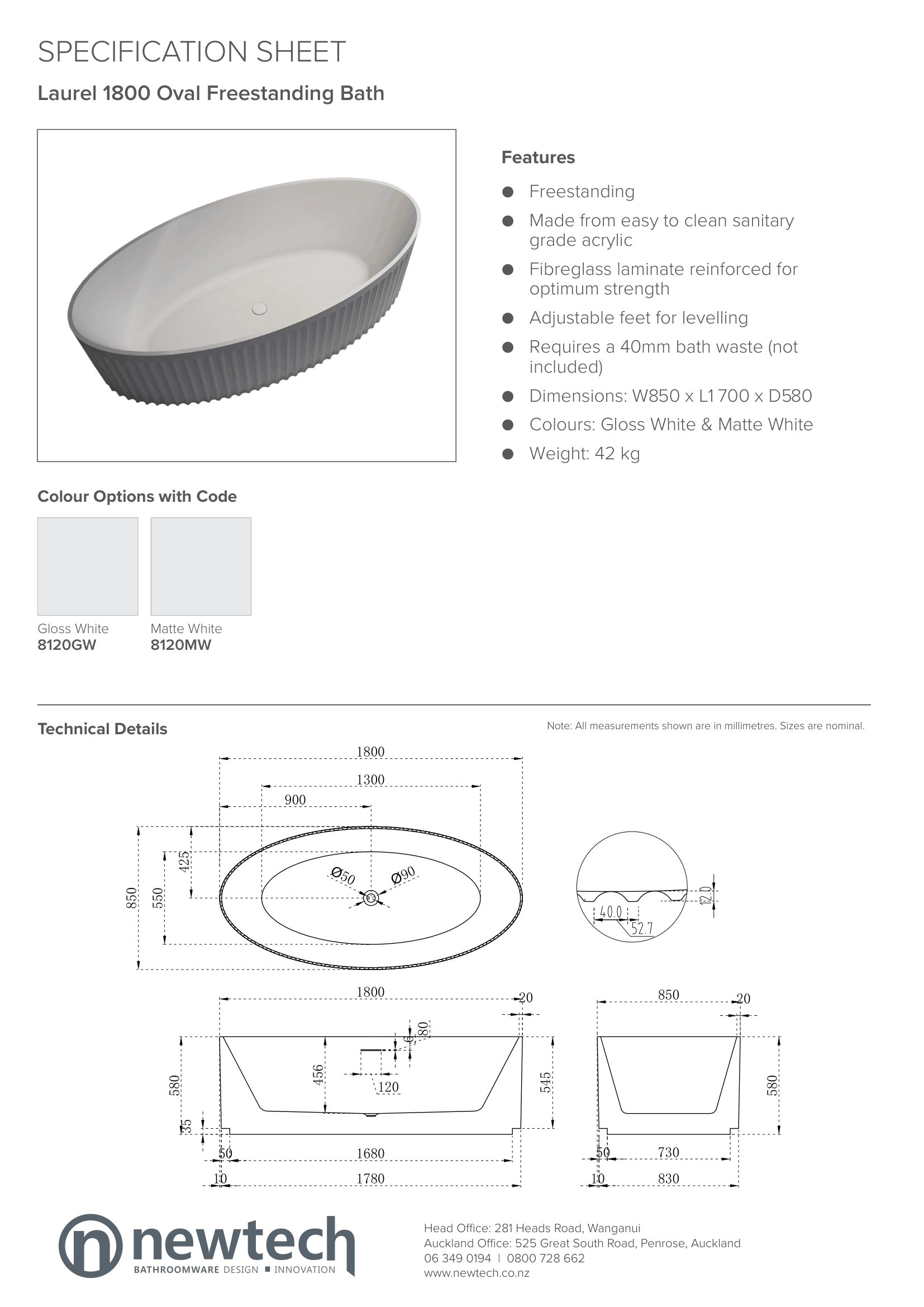 LAUREL 1800 OVAL FREESTANDING BATH - MATTE WHITE