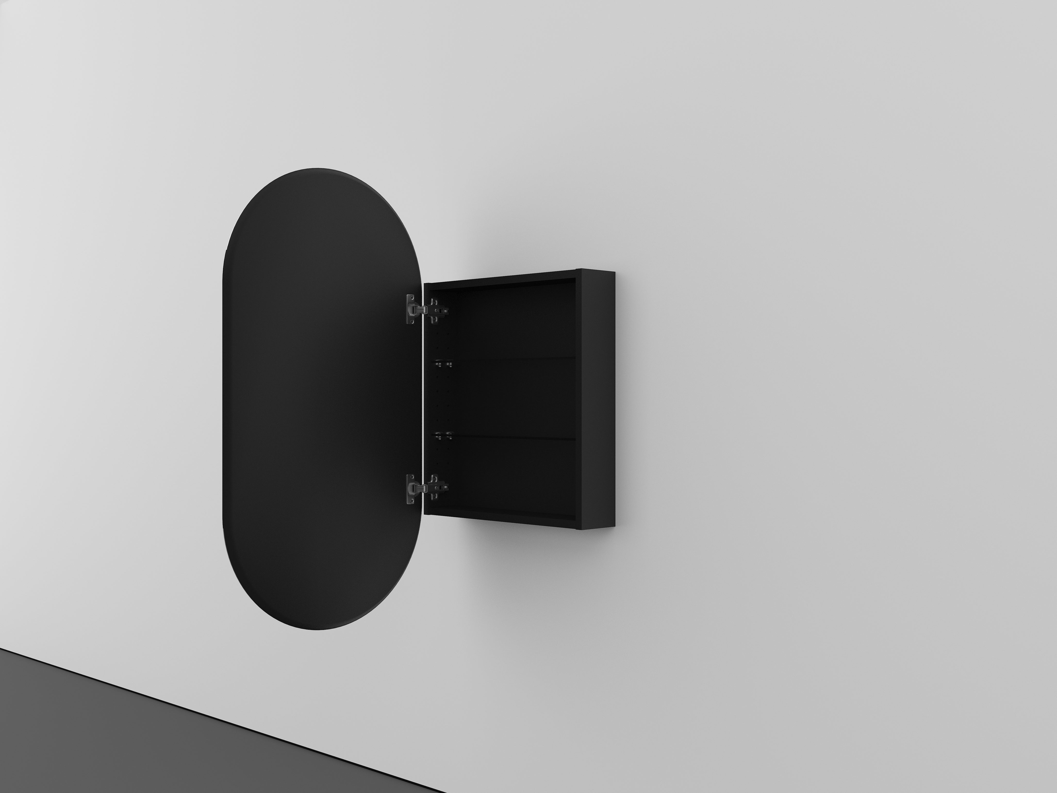 oval mirror cabinet inset black recessed open hinge