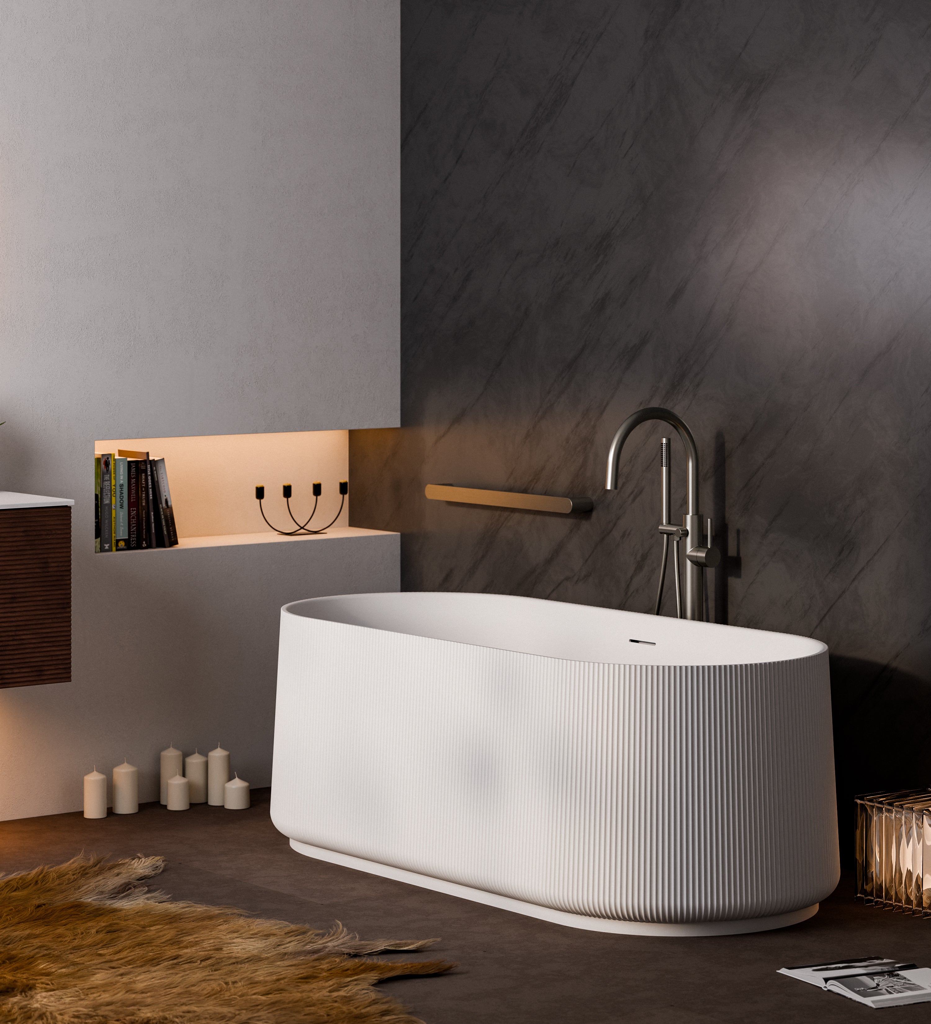 Modern bathroom with a white freestanding bathtub 
