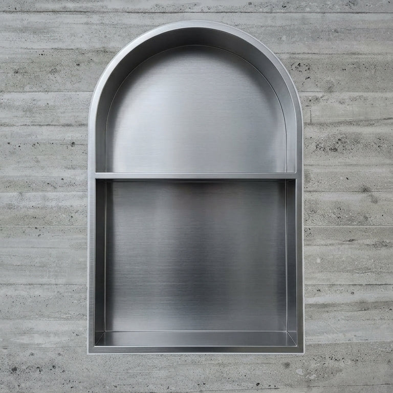 Acacia Arch Shower Niche With Shelf - Brushed Stainless