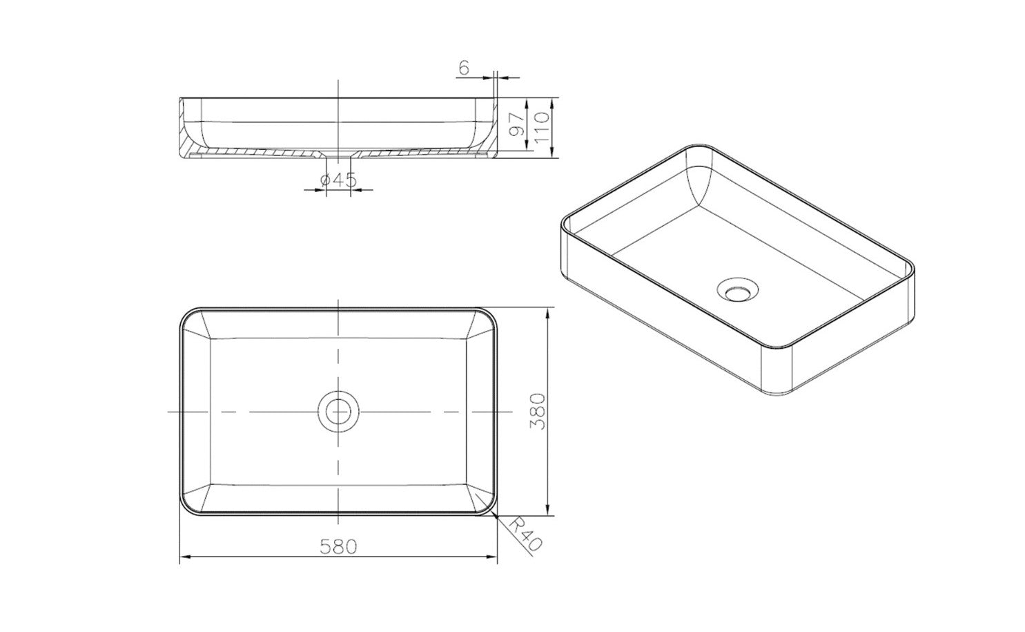 WATERWARE CUBE RECTANGLE BASIN 580X380X110MM - MATTE WHITE