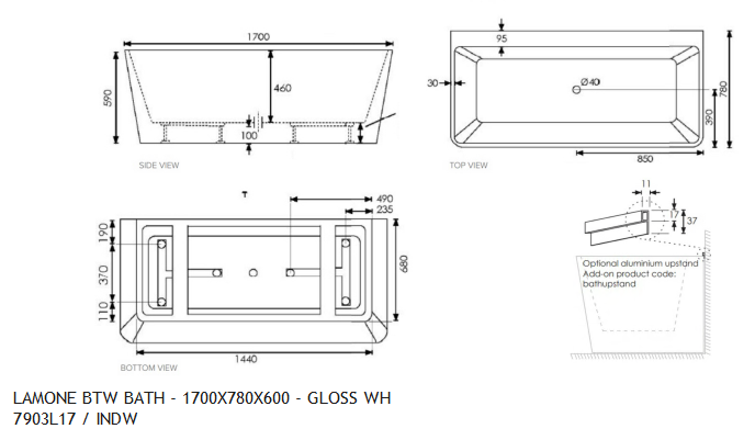 *End of Line* NEWTECH LAMONE 1700MM BTW BATH GLOSS WHITE