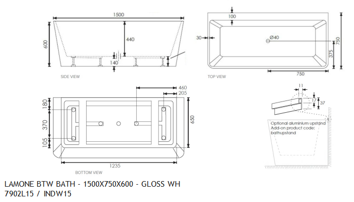*End of Line* NEWTECH LAMONE 1500MM BTW BATH GLOSS WHITE