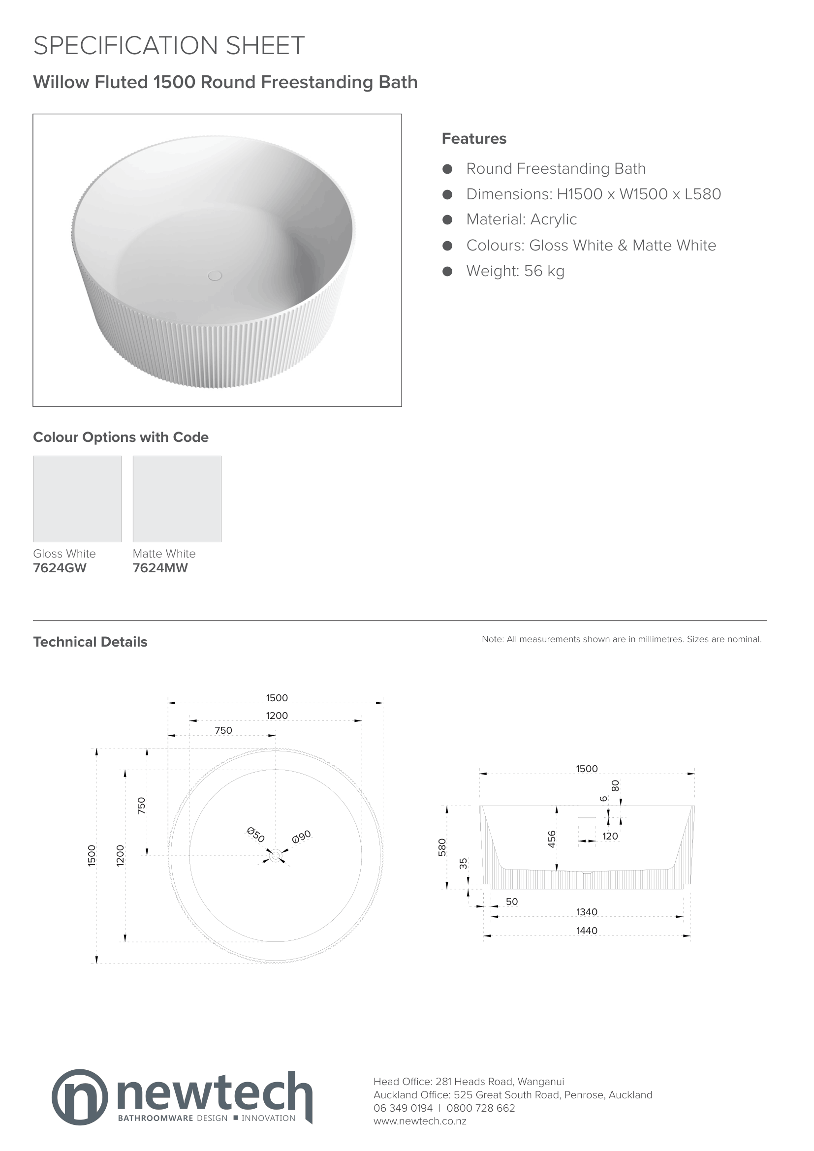 WILLOW 1500 ROUND FREESTANDING BATH - GLOSS WHITE