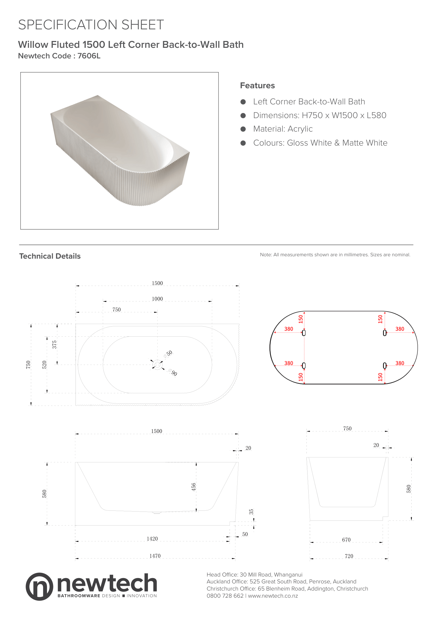 WILLOW 1500 LEFT HAND CORNER BATH - MATTE WHITE