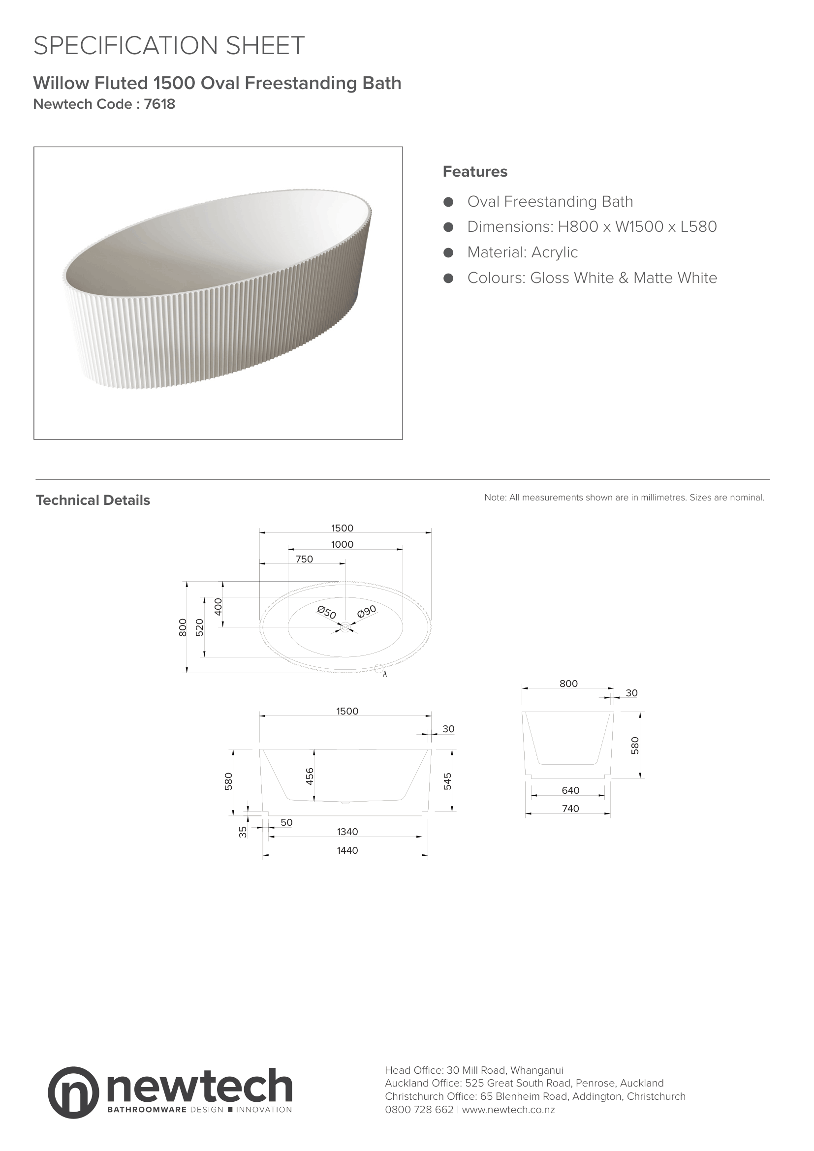 WILLOW 1500 OVAL FREESTANDING BATH - GLOSS WHITE