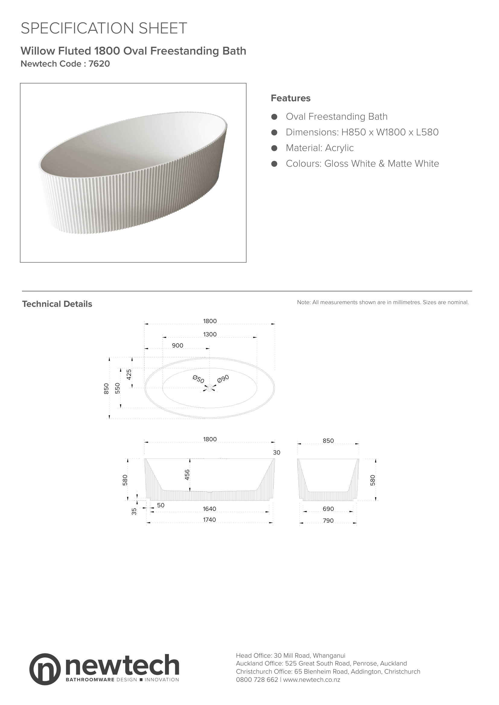 WILLOW 1800 OVAL FREESTANDING BATH - GLOSS WHITE
