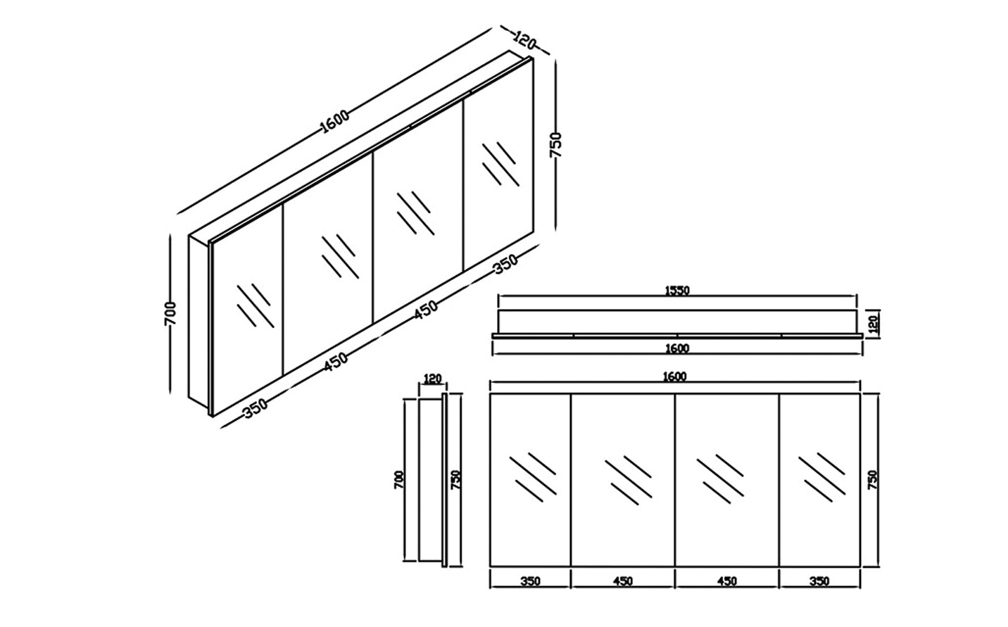 Elite Milan Mirror Cabinet 1600Mm | 4 Door