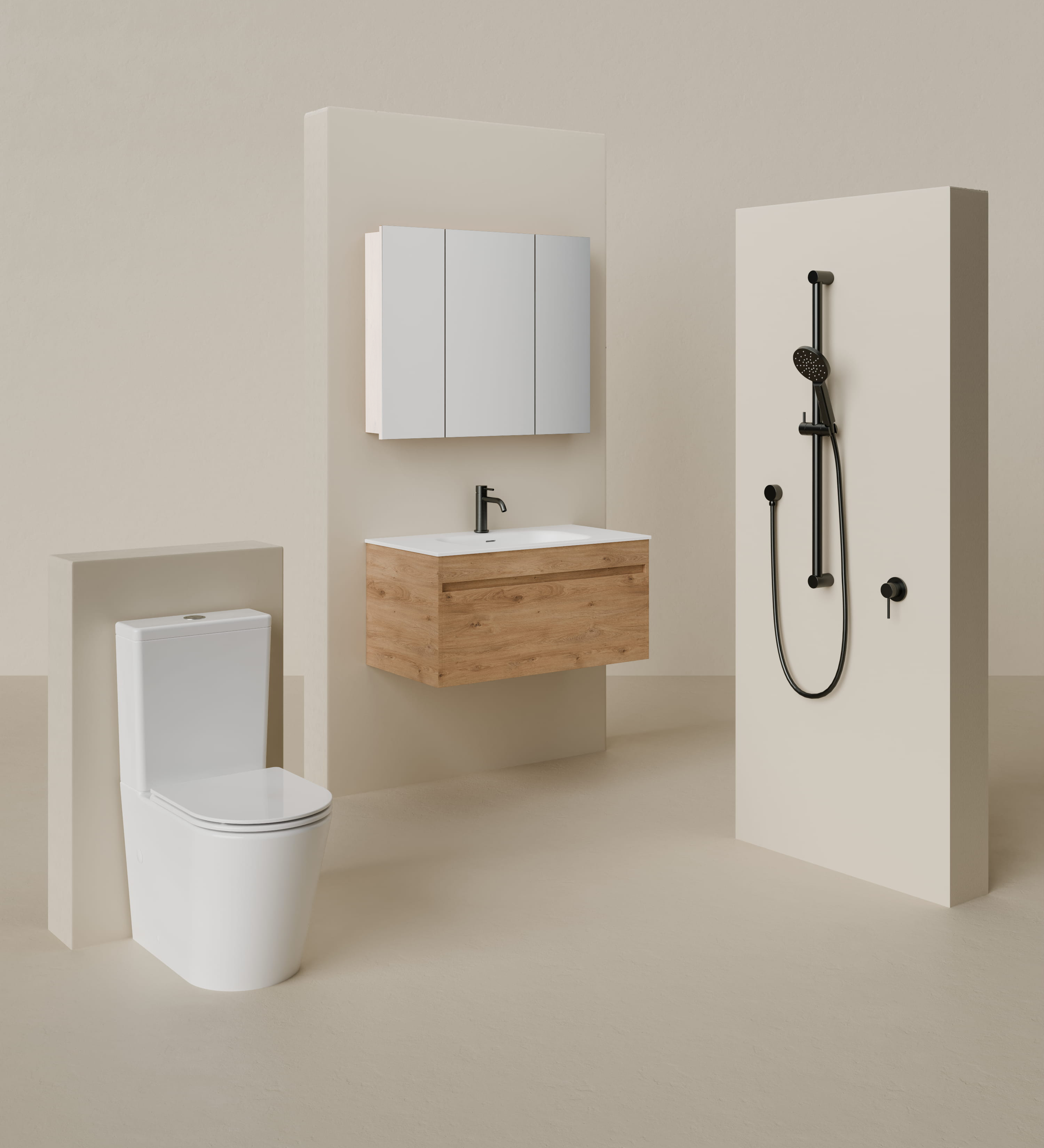 Modern bathroom with toilet, sink, and shower in a neutral setting