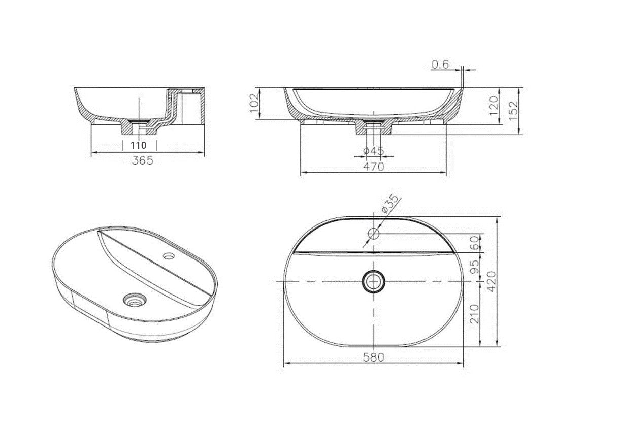 WATERWARE CURVE OVAL BASIN 580X420X120MM - MATTE WHITE